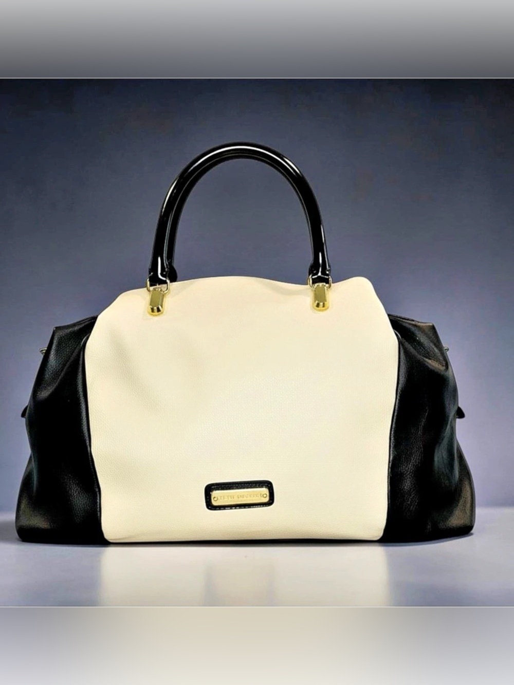 Steve Madden Colorblock Satchel Bag Cream Black Gold Hardware Large